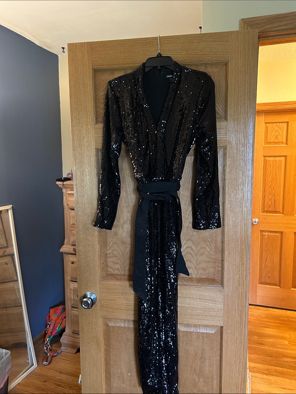 Express Black Sequin Wrap Jumpsuit with Waist Sash